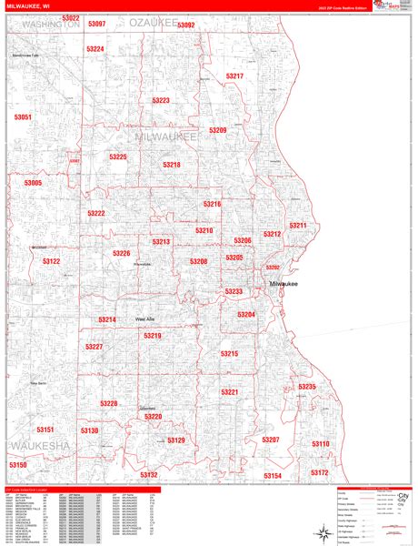 Milwaukee Wisconsin Zip Code Wall Map Red Line Style By Marketmaps