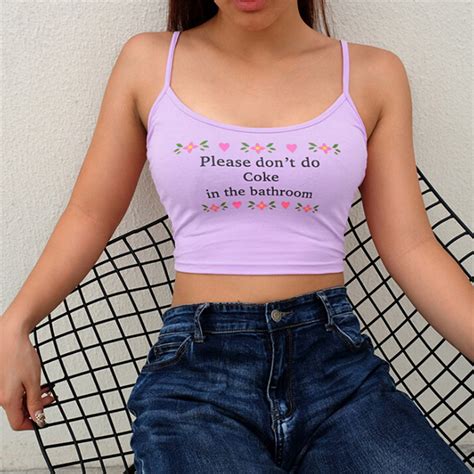 Women Spaghetti Strap Cropped Tops Letter Print Sexy Summer Tops Purple