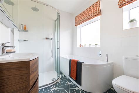 Modern bathroom, scandi bathroom, simple contemporary bathroom, counter top sink, black taps. Bromley: Modern Geometric Tiled Bathroom - Contemporary ...
