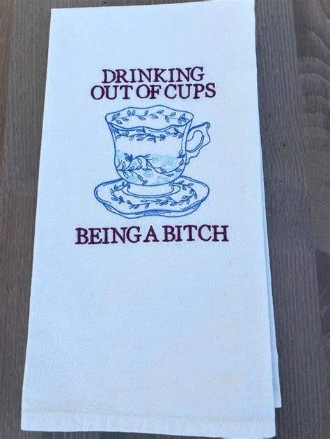 Drinking Out Of Cups Set Of Three Embroidered Tea Towels Etsy