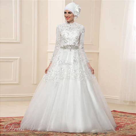 2016 Long Sleeves Muslim Wedding Dresses Hijab High Neck White Bridal Kaftan Gown Sequins