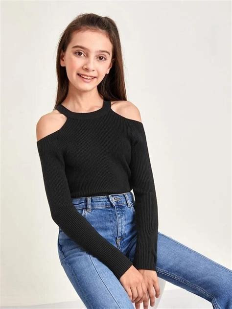 Girls Cold Shoulder Solid Sweater In 2022 Tween Fashion Outfits