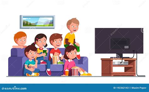 Boys Girls Sitting On Sofa Watching Movie Show Stock Vector