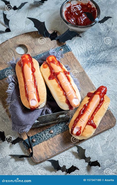 Creepy Halloween Hot Dog Fingers Stock Photo Image Of Blood Food