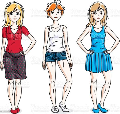 Happy Cute Young Women Group Standing Wearing Casual Clothes Vector Set