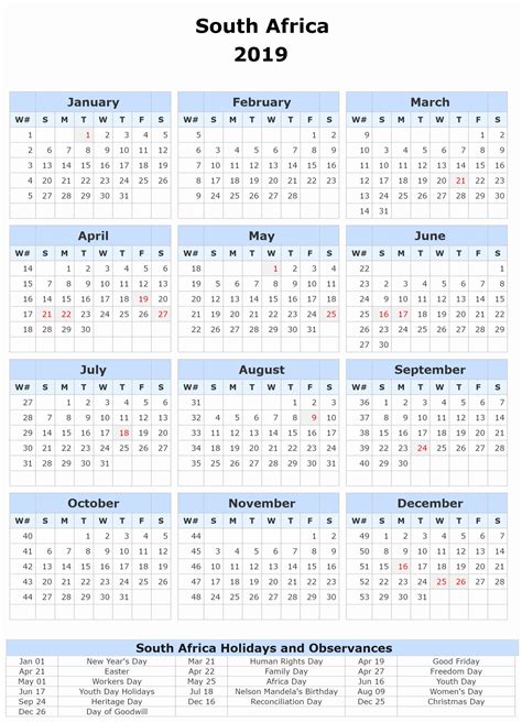 Printable Calendar South Africa 2020 Yearly Calendar Template Excel