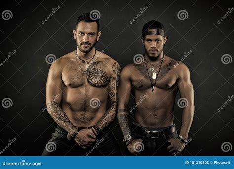Machos With Muscular Tattooed Torsos Look Attractive Dark Background Guys Sportsmen With