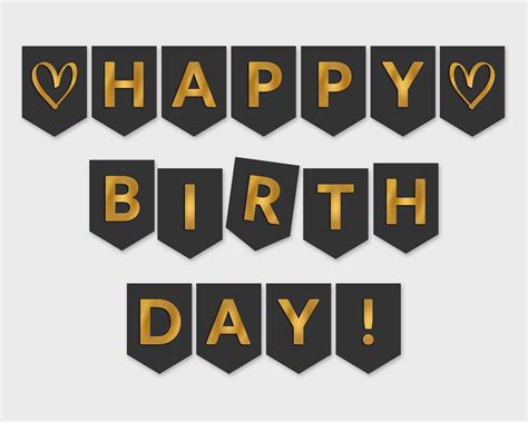Printable Happy Birthday Banner Black And Gold Foil Flags Etsy