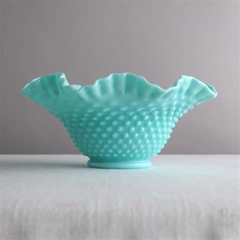 Vintage Turquoise Blue Milk Glass Bowl By Fenton With Hobnail Pattern