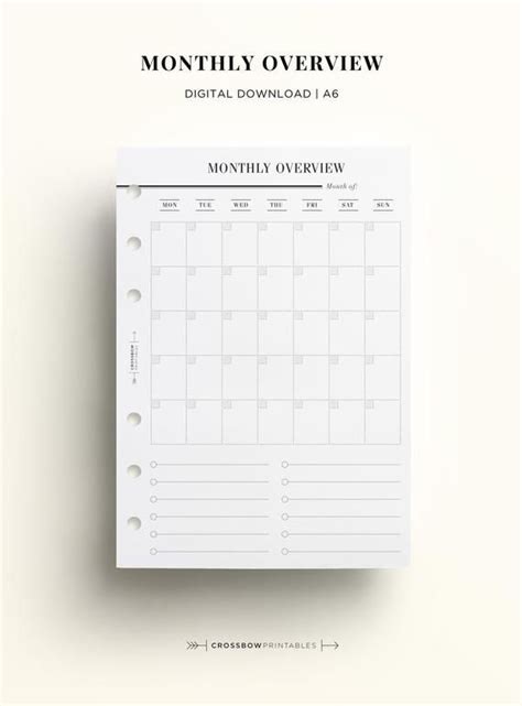 Printable A6 Month At A Glance A6 Monthly Calendar Printable Undated