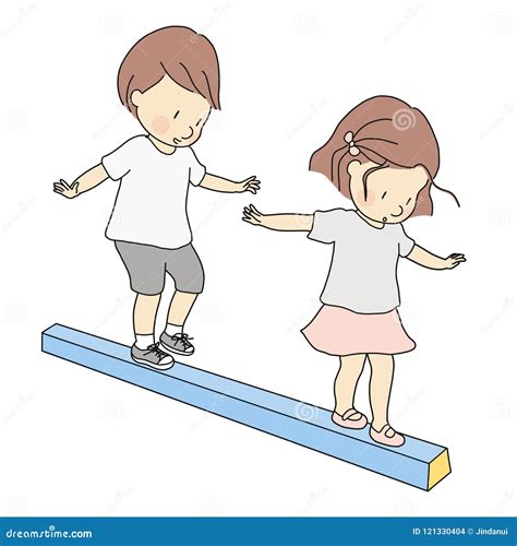 Vector Illustration Of Little Kids Boy And Girl Playing Balance Beam