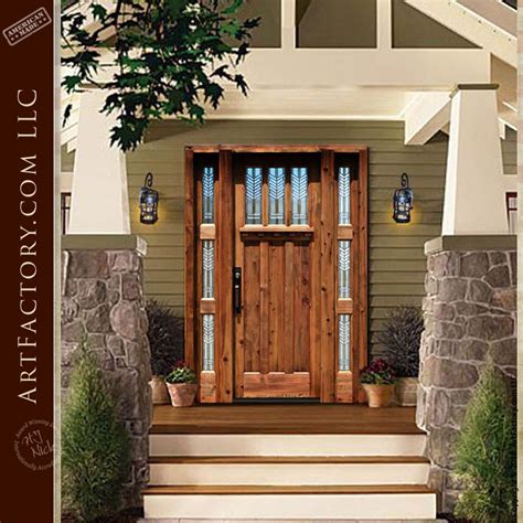 Custom Craftsman Front Door With Hand Inset Stained Glass Sidelights