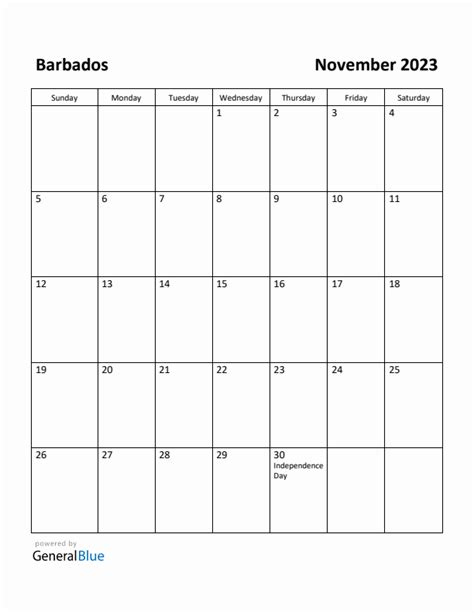 Free Printable November 2023 Calendar For Barbados