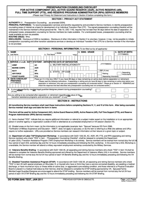 Fillable Dd Form 2648 Preseparation Counseling Checklist