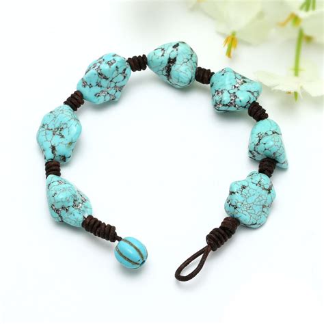 Handmade Turquoise Bracelets With Leather Cord Women Beaded Jewelry 8