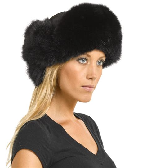 Womens Black Fox Fur Trapper Hat With Pom Poms