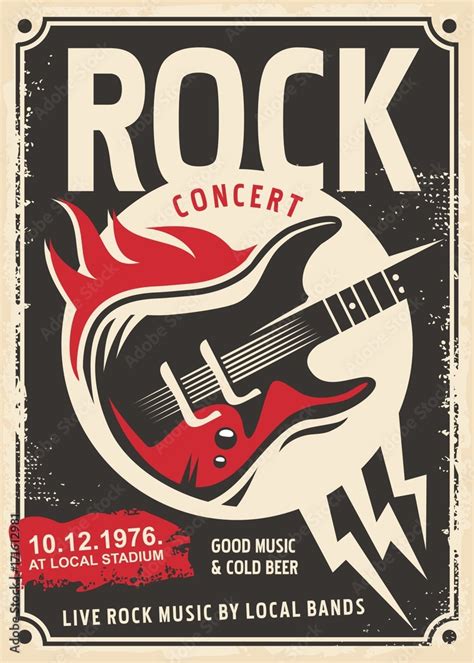 Rock Music Retro Poster Design With Electric Guitar And Fire Flames On