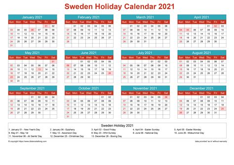Free Sweden Holiday Printable Calendar Cheerful Bright Template 2021