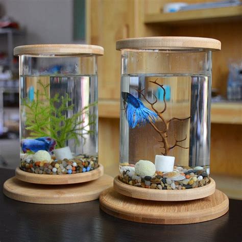 Glass Betta Fish Tank Bamboo Base Mini Fish Tank Decoration Accessories