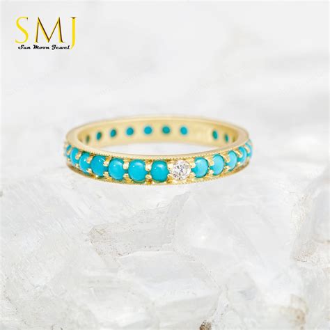 Turquoise And White Sapphire Ring K Solid Gold Full Etsy