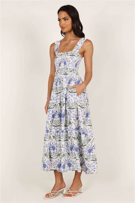 August Shirred Maxi Dress Blue Floral Petal And Pup