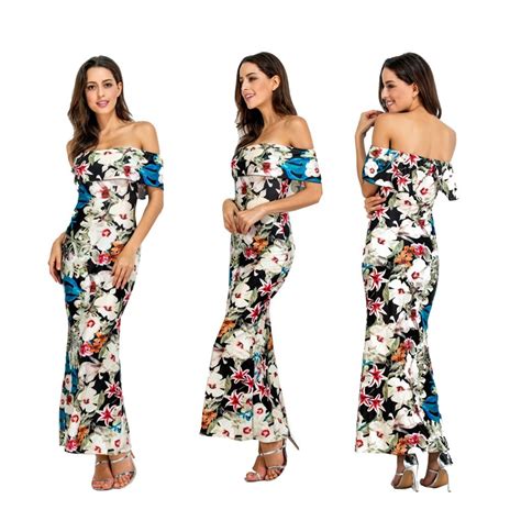 Women Boho Maxi Dress 2020new Spring Summer Style Off Shoulder Ruffled Print Long Dresses