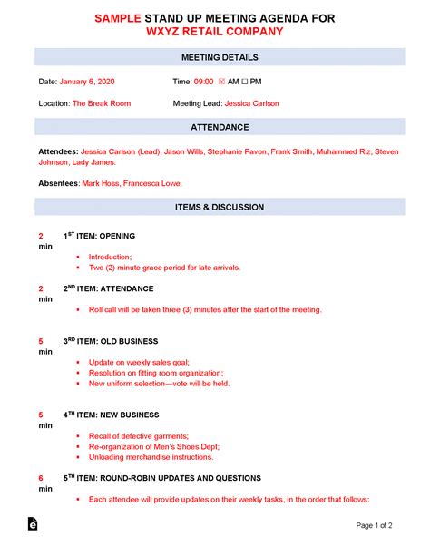 Free Stand Up Meeting Agenda Template Sample Pdf Word Eforms
