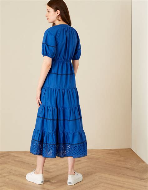 Tiered Midi Dress In Pure Cotton Blue Casual And Day Dresses Monsoon Global