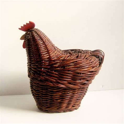 Vintage Rooster Chicken Wicker Rattan Woven Basket Egg Etsy Wicker Basket Basket Weaving