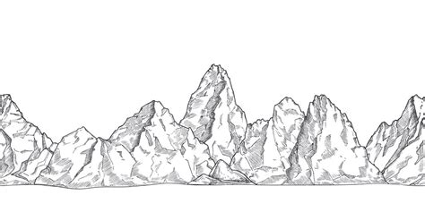Mountain Range Outline Nature Drawing Pencil Sketch Rocky Peaks Pano