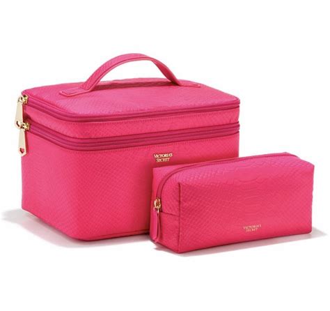 Victorias Secret Duo Travel Train Casecosmetic Bag Hot Pink Python