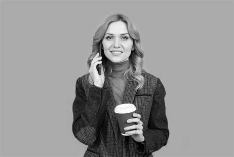 Happy Woman Talk On Mobile Phone Drinking Morning Coffee Grey