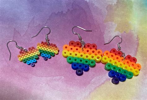 Perler Bead Earrings Rainbow Heart Earrings Perler Bead Etsy