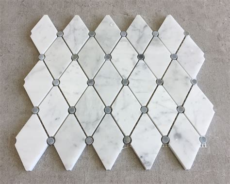 12x12 White Carrara Elongated Diamond With Dots Polished Marble Mosaic Tile