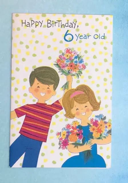 Vintage 1960s Birthday Greeting Card Cute Kids With Flowers 60s Art