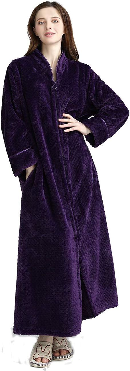 Womens Zip Front Bathrobe Premium Flannel Fleece Plush Caftan Soft