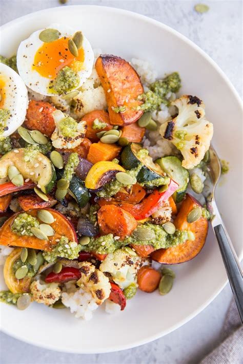 Roasted Vegetable Rice Bowls With Jammy Egg And Pesto The Roasted