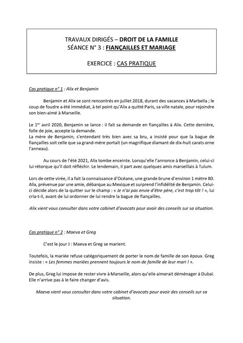 Cas pratiques séance 3 - Cas pratique droit de la famille - TRAVAUX