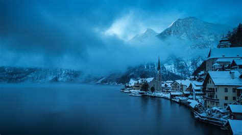 Wallpaper Hallstatt Austria Winter Snow Lake Mountains Fog