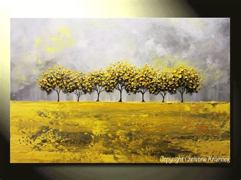 Original Art Abstract Yellow Grey Painting Tree Landscape