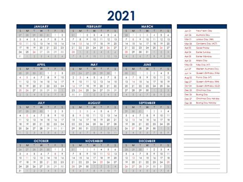 These templates are suitable for a great variety of uses: 2021 Australia Annual Calendar with Holidays - Free ...