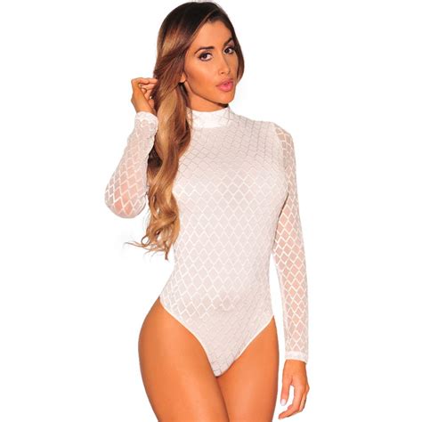 Mesh White Bodysuits Female Body With Long Sleeves Hollow Out Fitness Sexy Hot Slim Bodysuit