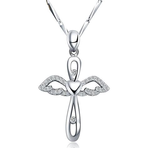 Silver Winged Angel Cross Pendant With Crystals Necklace Innovato Design