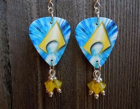 Aquaman Logo Pick Earrings With Yellow Opal Crystal Dangles Aquaman