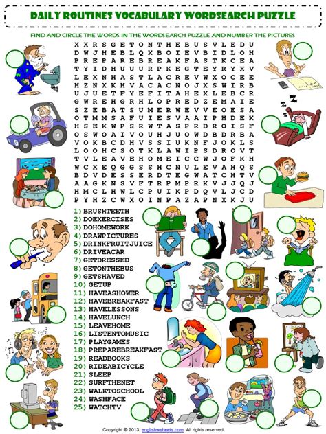 Daily Routines Vocabulary Wordsearch Puzzle Worksheetpdf
