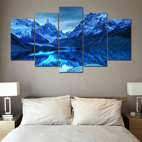 Canvas Hd Print Painting Modular Pictures 5 Piecepcs Snow Mountain Lake