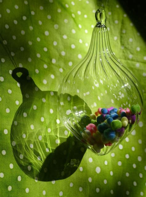 Medium Clear Ribbed Glass Ornament With Pom Poms Hand Blown Etsy