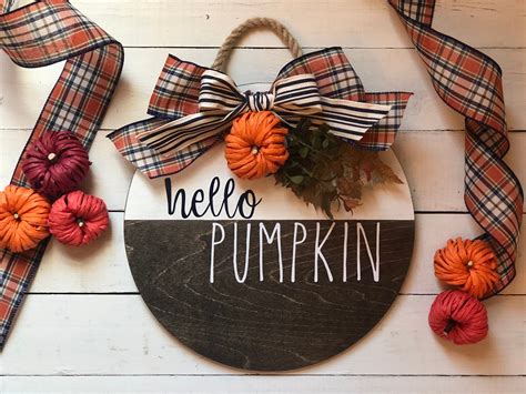Hello Pumpkin Round Wood Hanging Sign Hanging Signs Wood Etsy
