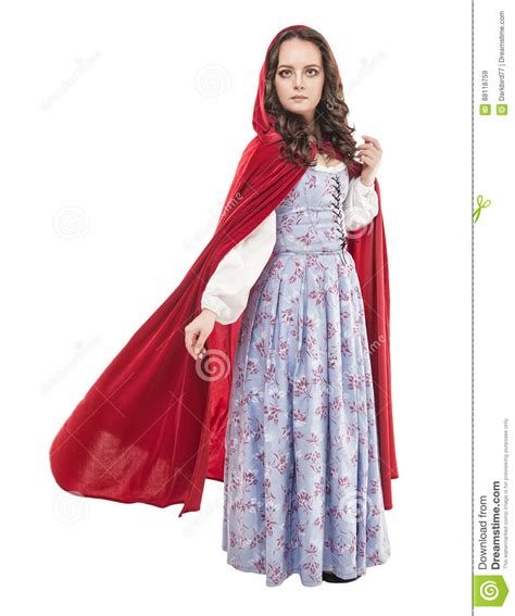 Young Beautiful Woman In Long Medieval Dress And Red Cloak