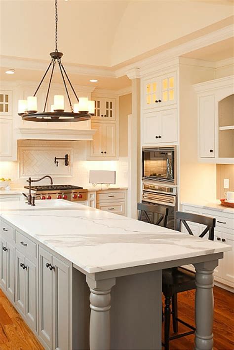 Dark grey cabinets on the lower half only make this. White kitchen with grey island | Kitchen Ideas | Pinterest ...